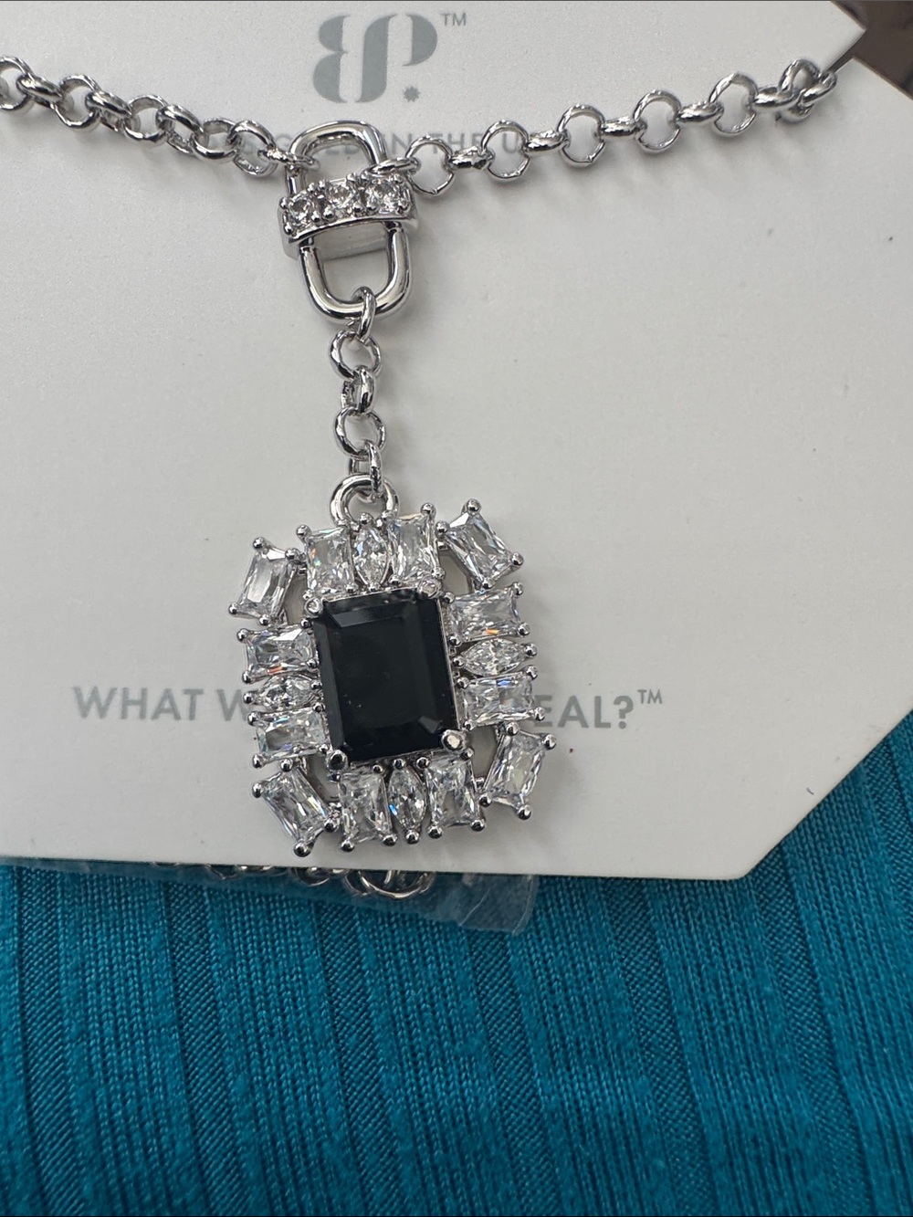 bp Silver-Tone Necklace with Black Center Stone and Clear Accents